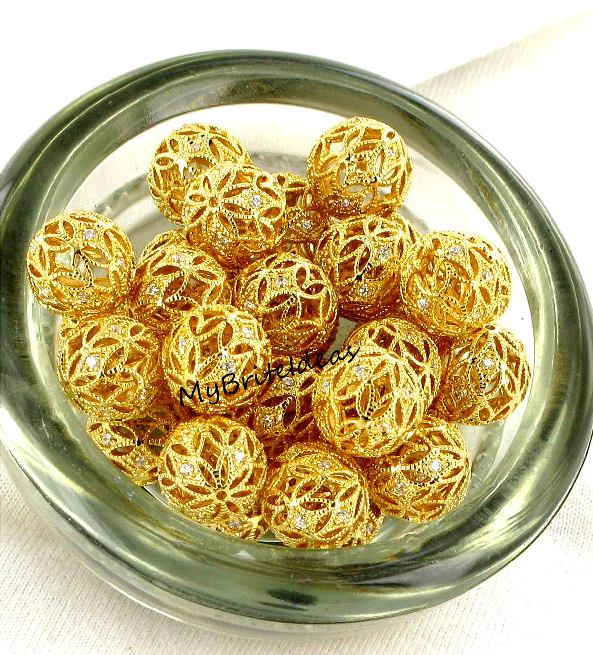 16K Gold Filgree Bead with Cubic Zirconia Crystals Jewelry Supplies Beads and Craft supplies Jewelry Making