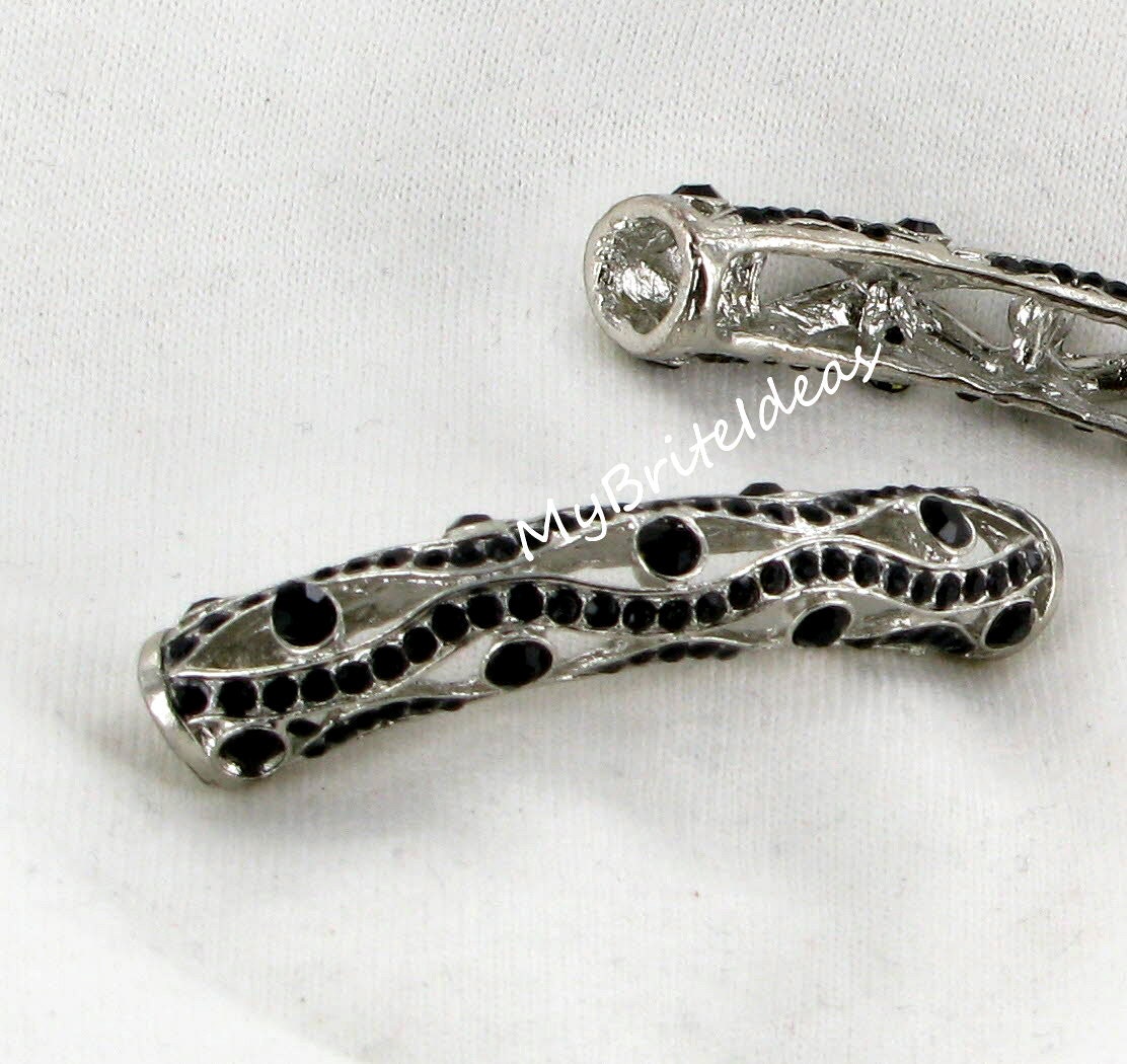 Ornate Alloy Metal Tube with Black Rhinestones - Beads Jewelry Supplies Crafting Supplies Jewelry Making