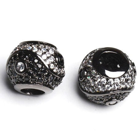 Limited Edition - Gunmetal Yin and Yang Large Hole Beads with Cubic Zirconia Crystals Jewelry Supplies and Beads and Craft supplies